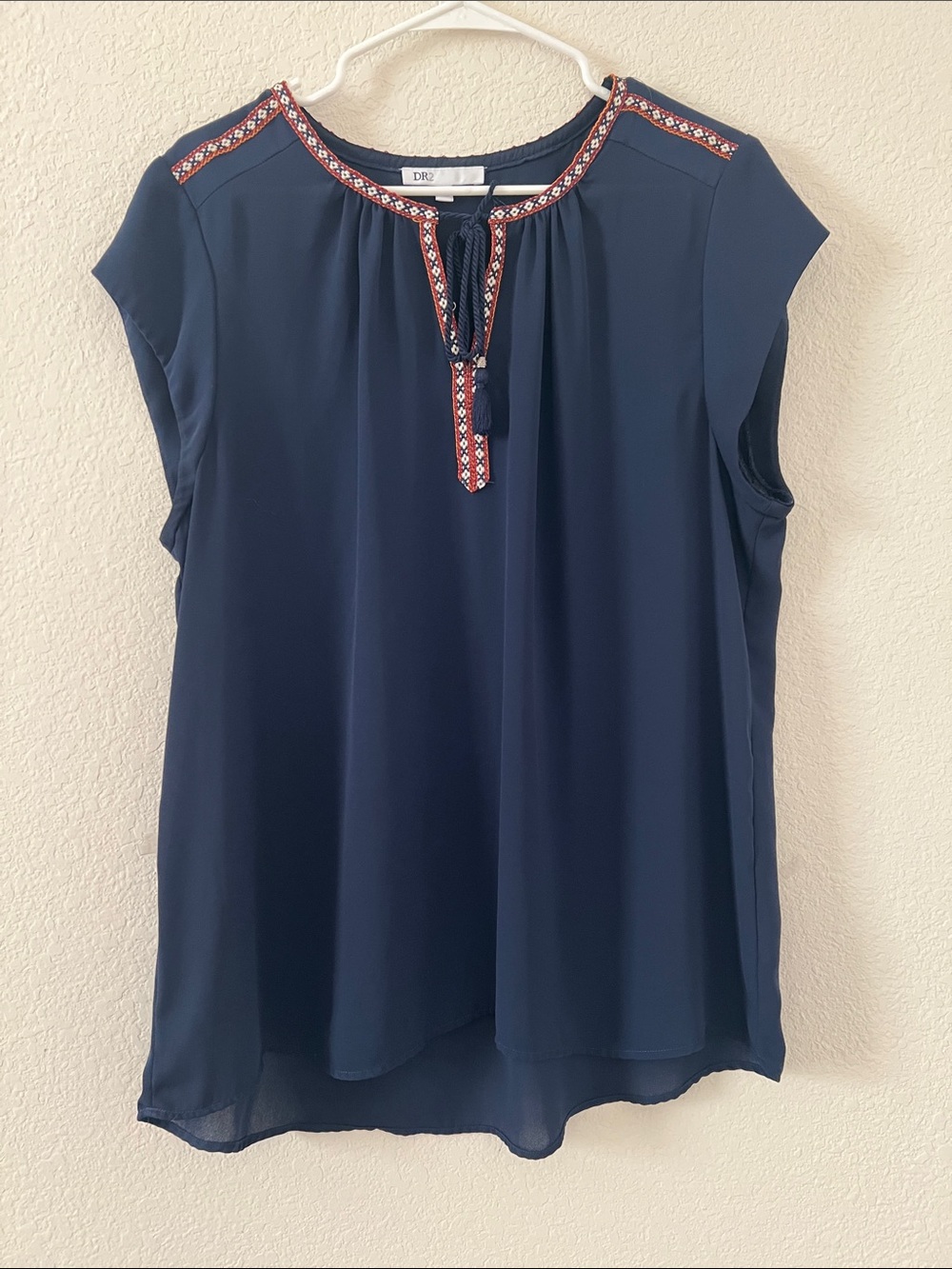 DR2 Navy Cap-Sleeve Tie-Neck Blouse with Embroidered Trim